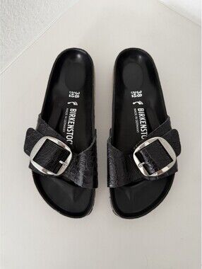 Birkenstock Madrid Big Buckle Black Croc Embossed Leather Sandals Size 38 / US 7